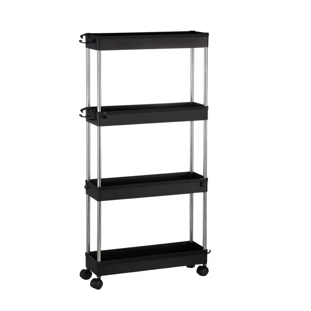 Organizador de 4 niveles para carrito de almacenamiento, estantería móvil con 4 ruedas giratorias 360 grados, baldas y 4 ganchos, estantes de almacenamiento deslizables