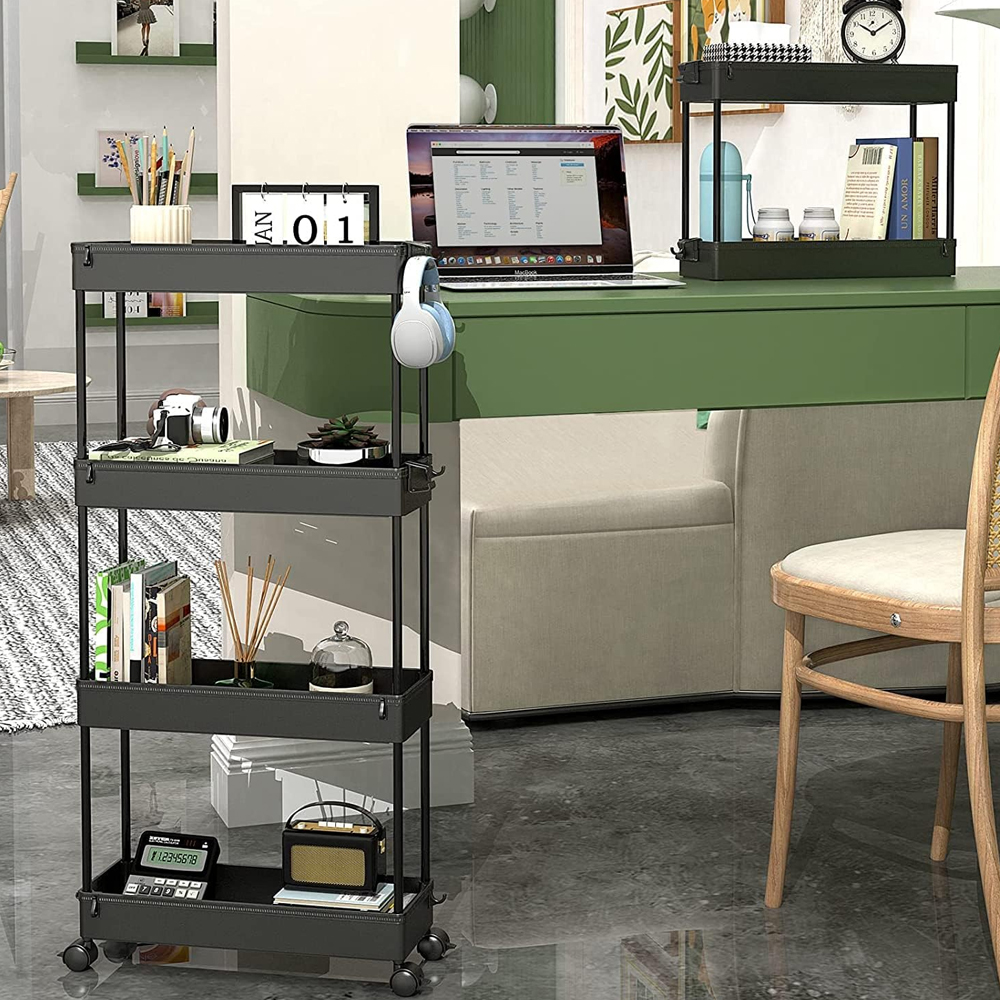 Organizador de 4 niveles para carrito de almacenamiento, estantería móvil con 4 ruedas giratorias 360 grados, baldas y 4 ganchos, estantes de almacenamiento deslizables