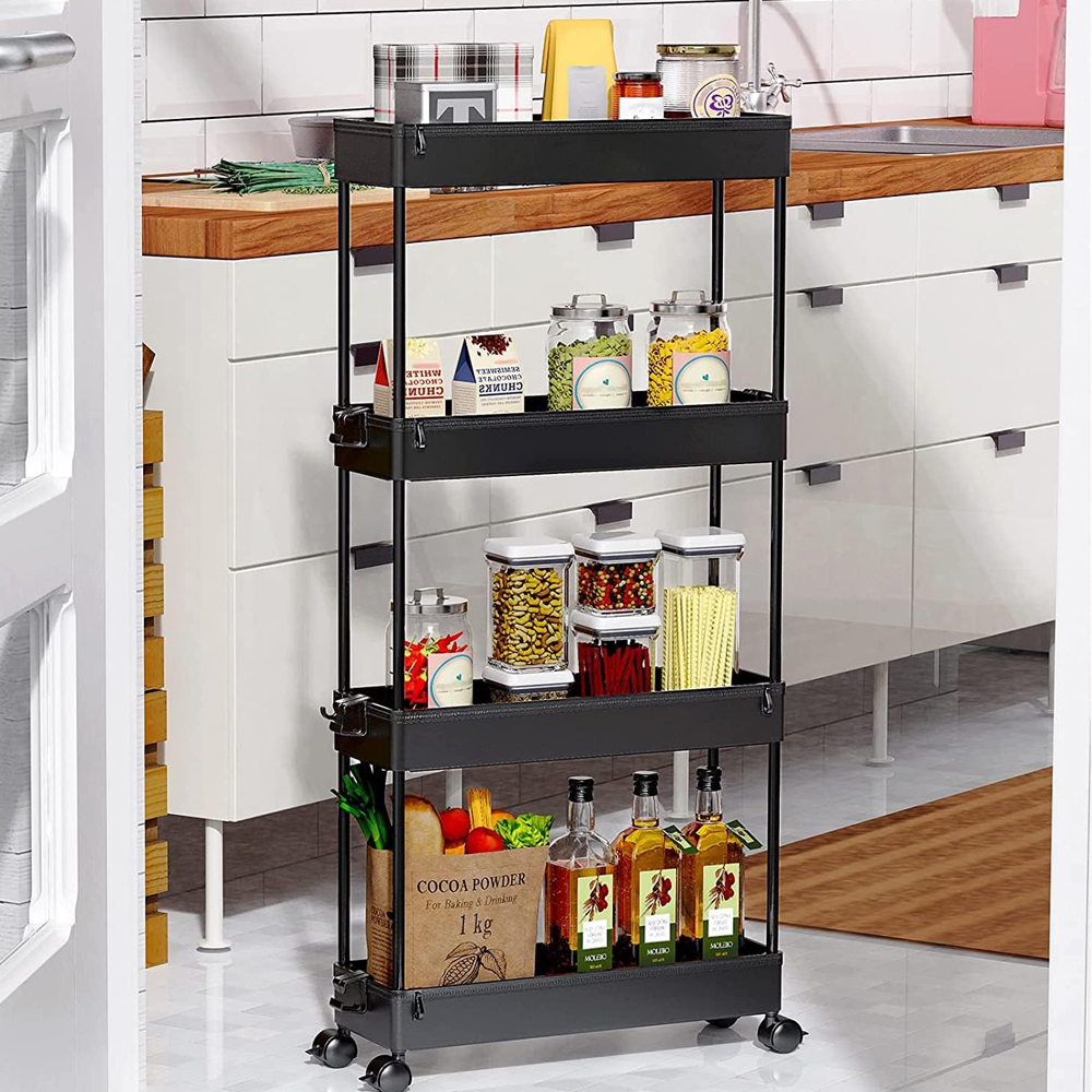 Organizador de 4 niveles para carrito de almacenamiento, estantería móvil con 4 ruedas giratorias 360 grados, baldas y 4 ganchos, estantes de almacenamiento deslizables