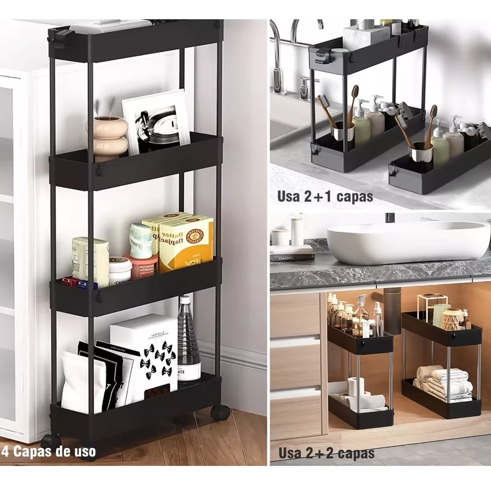 Organizador de 4 niveles para carrito de almacenamiento, estantería móvil con 4 ruedas giratorias 360 grados, baldas y 4 ganchos, estantes de almacenamiento deslizables