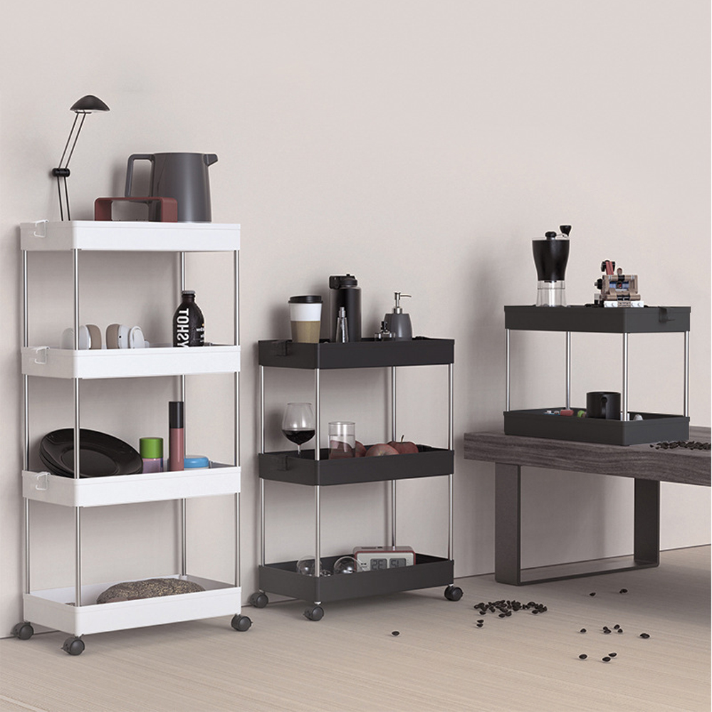 Organizador de 4 niveles para carrito de almacenamiento, estantería móvil con 4 ruedas giratorias 360 grados, baldas y 4 ganchos, estantes de almacenamiento deslizables