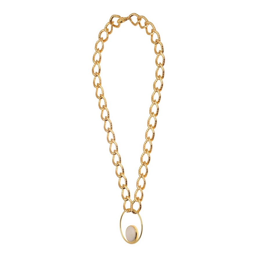 Collar de Elegancia Dorada: Cadena de Eslabones con Adorno Circular y Deslumbrante Piedra Natural Blanca