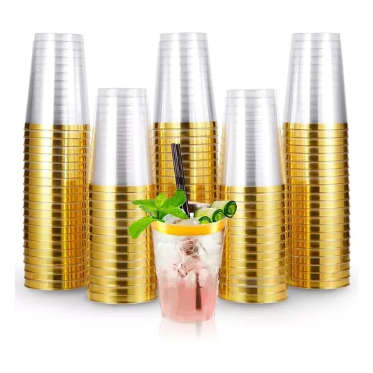 100 Vasos Elegantes Desechables De Plástico 12 Oz De Fiesta DORADO/TRANSPARENTE 
