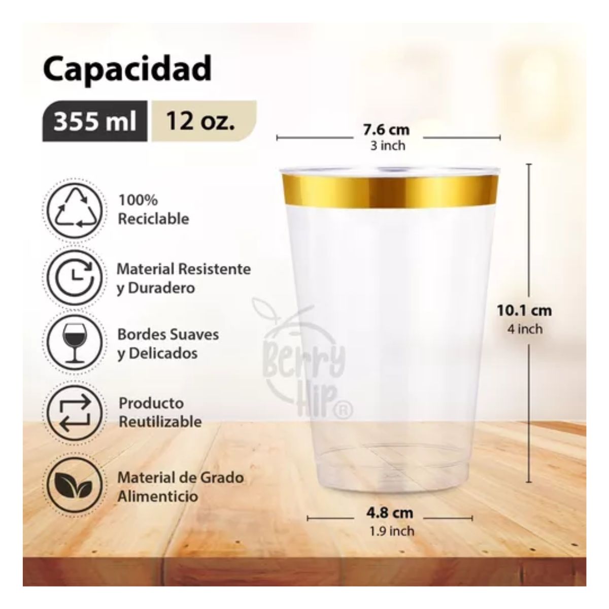 100 Vasos Elegantes Desechables De Plástico 12 Oz De Fiesta DORADO/TRANSPARENTE 