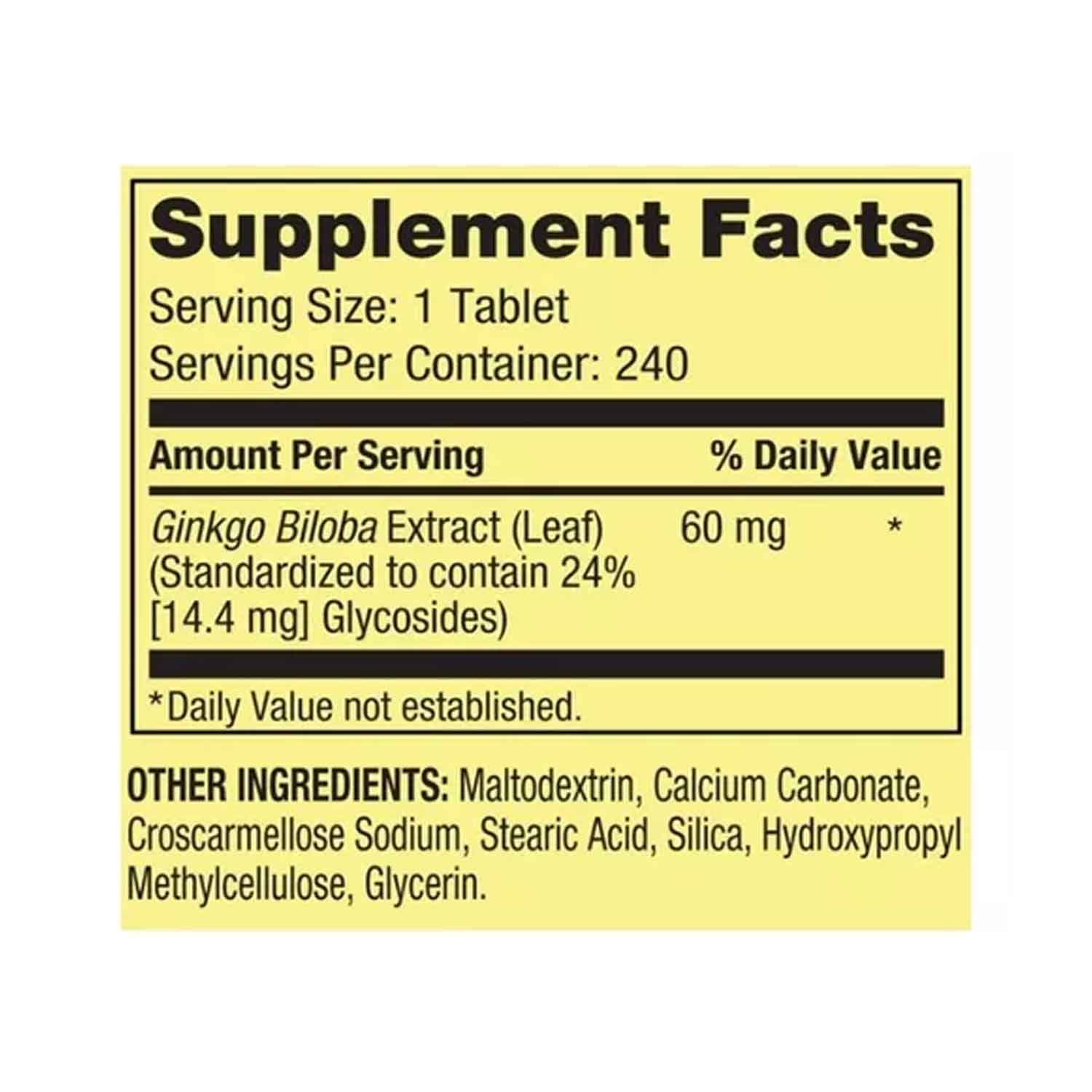 Ginkgo Biloba 60 mg Spring Valley 240 capsulas Ayuda Memoria, Reduce Fatiga