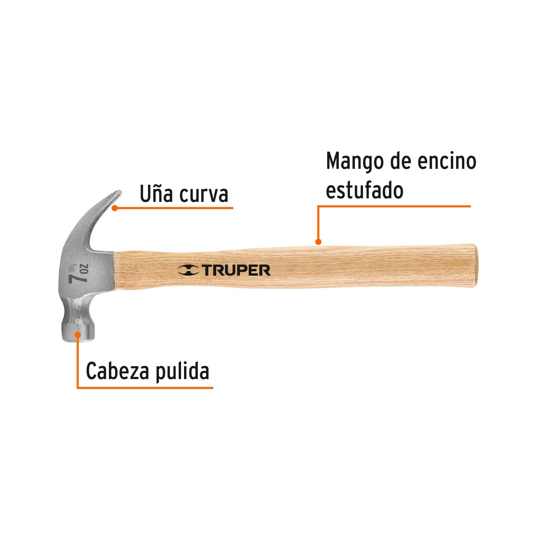 MARTILLO PULIDO 7 OZ UÑA CURVA, MANGO MADERA, TRUPER 16750