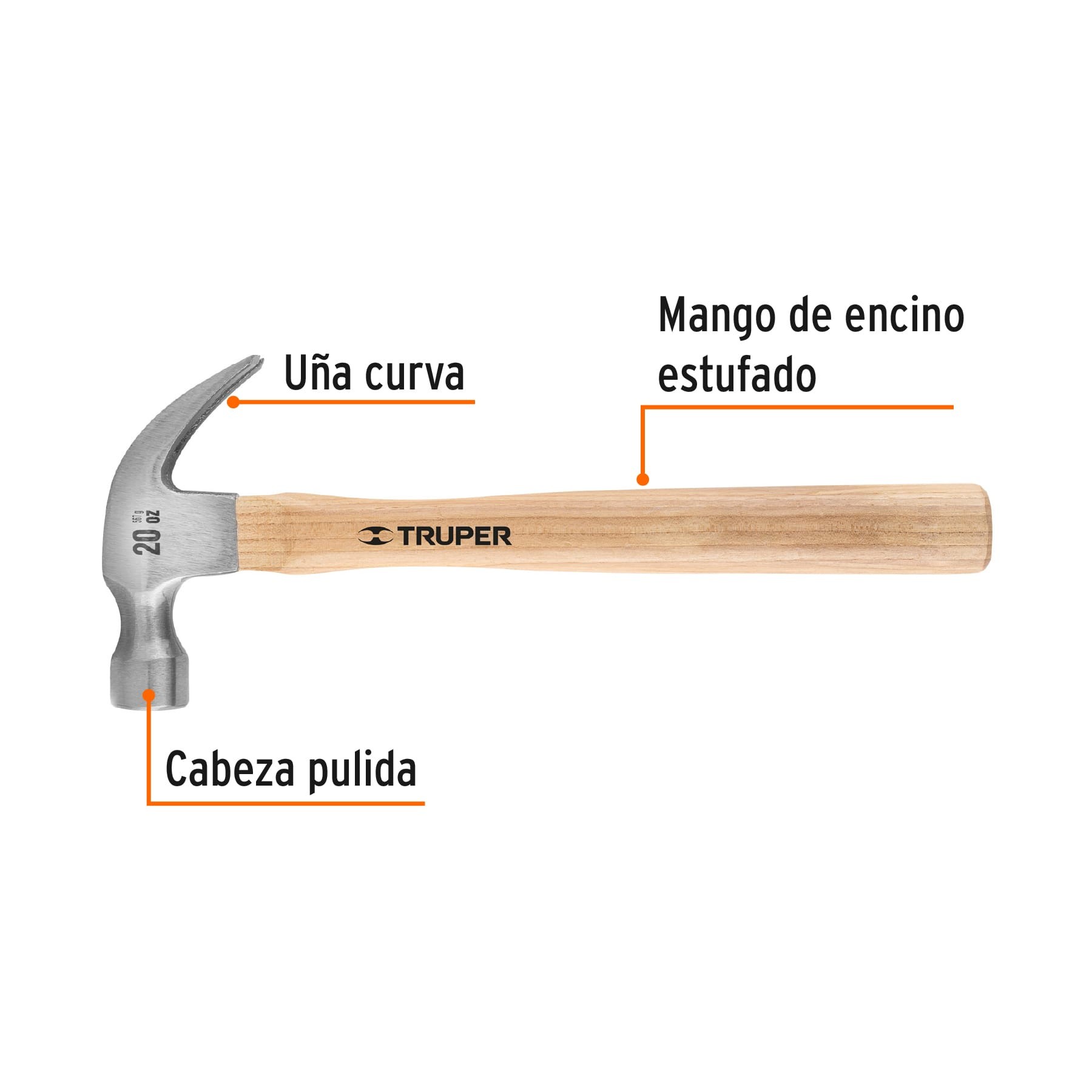 MARTILLO PULIDO 20 OZ UÑA CURVA, MANGO MADERA, TRUPER 16753