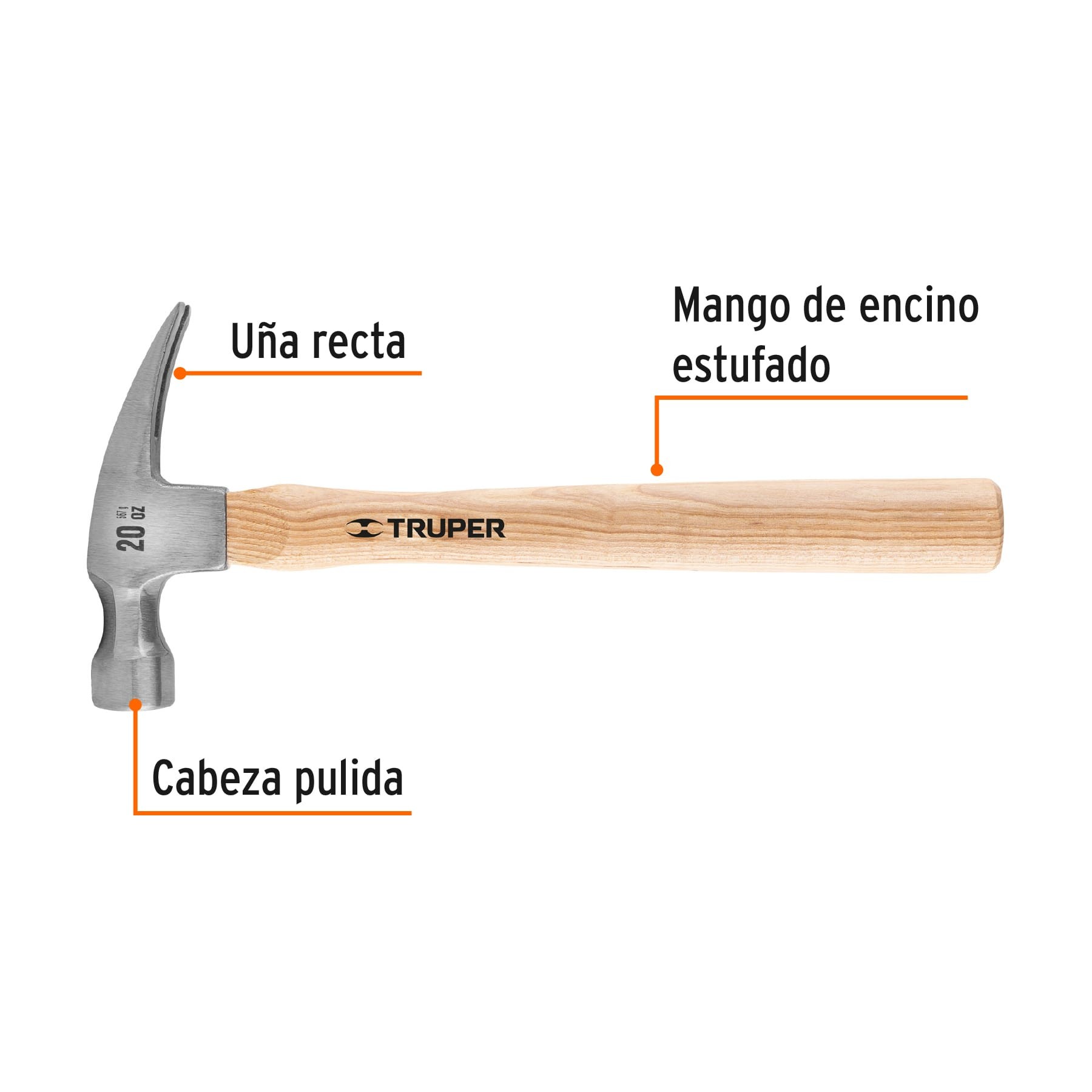 MARTILLO PULIDO 20 OZ UÑA RECTA, MANGO MADERA, TRUPER 16755