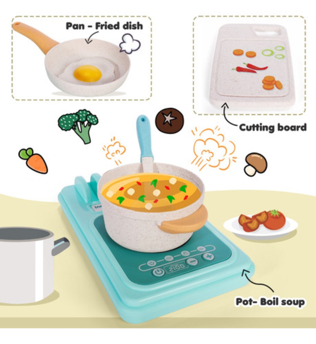 Juego De Cocina Juguete Para Niñas De Paja De Trigo 28 Pzs GRIS