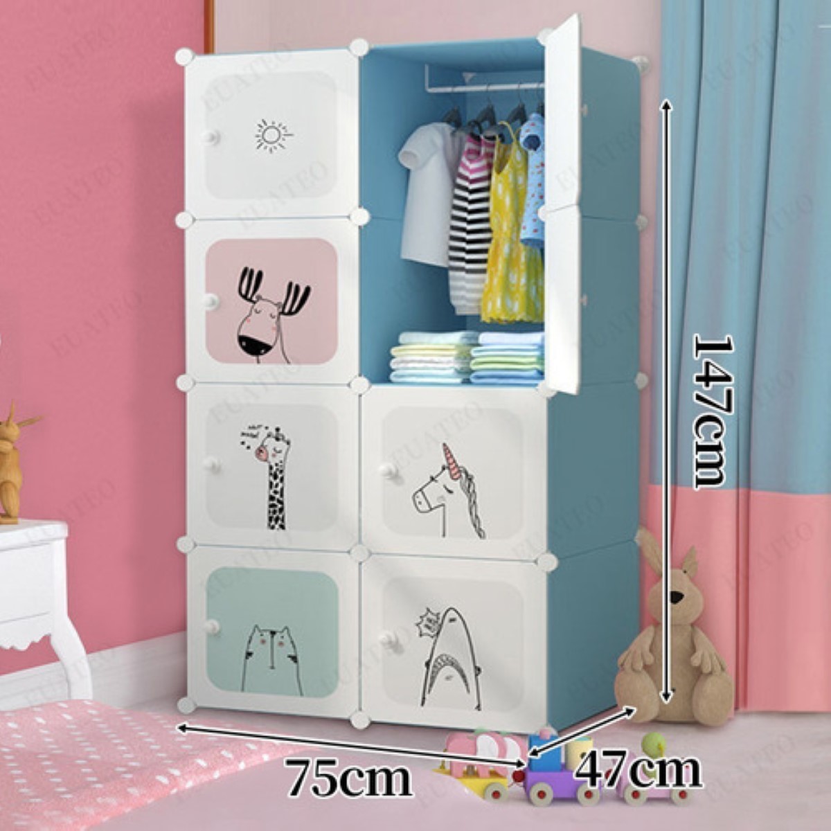 Armario Plástico Portátil Dibujos Animado Para Niño 8 Puerta AZUL