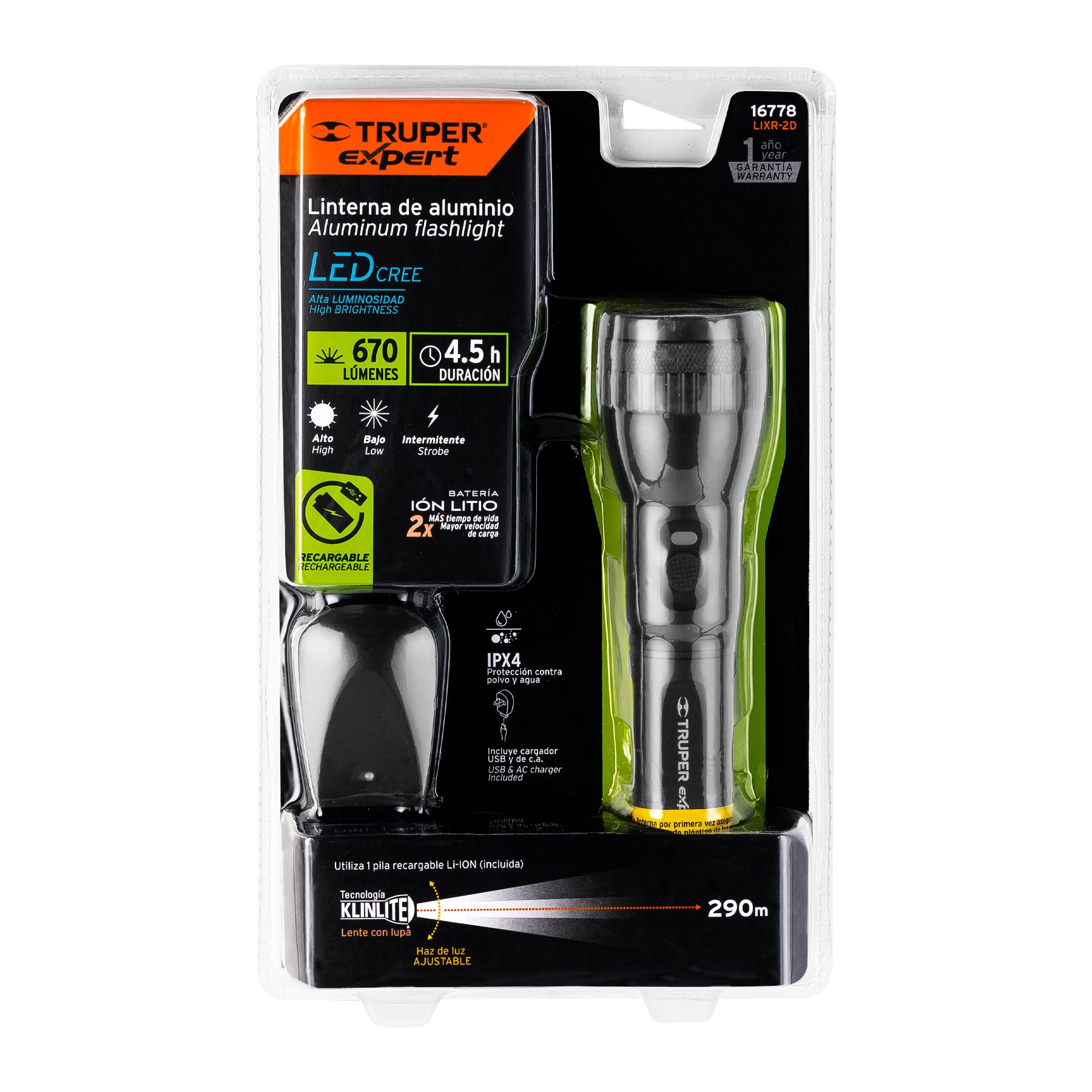 LINTERNA LED RECARGABLE DE ALUMINIO 670 LM, TRUPER EXPERT 16778