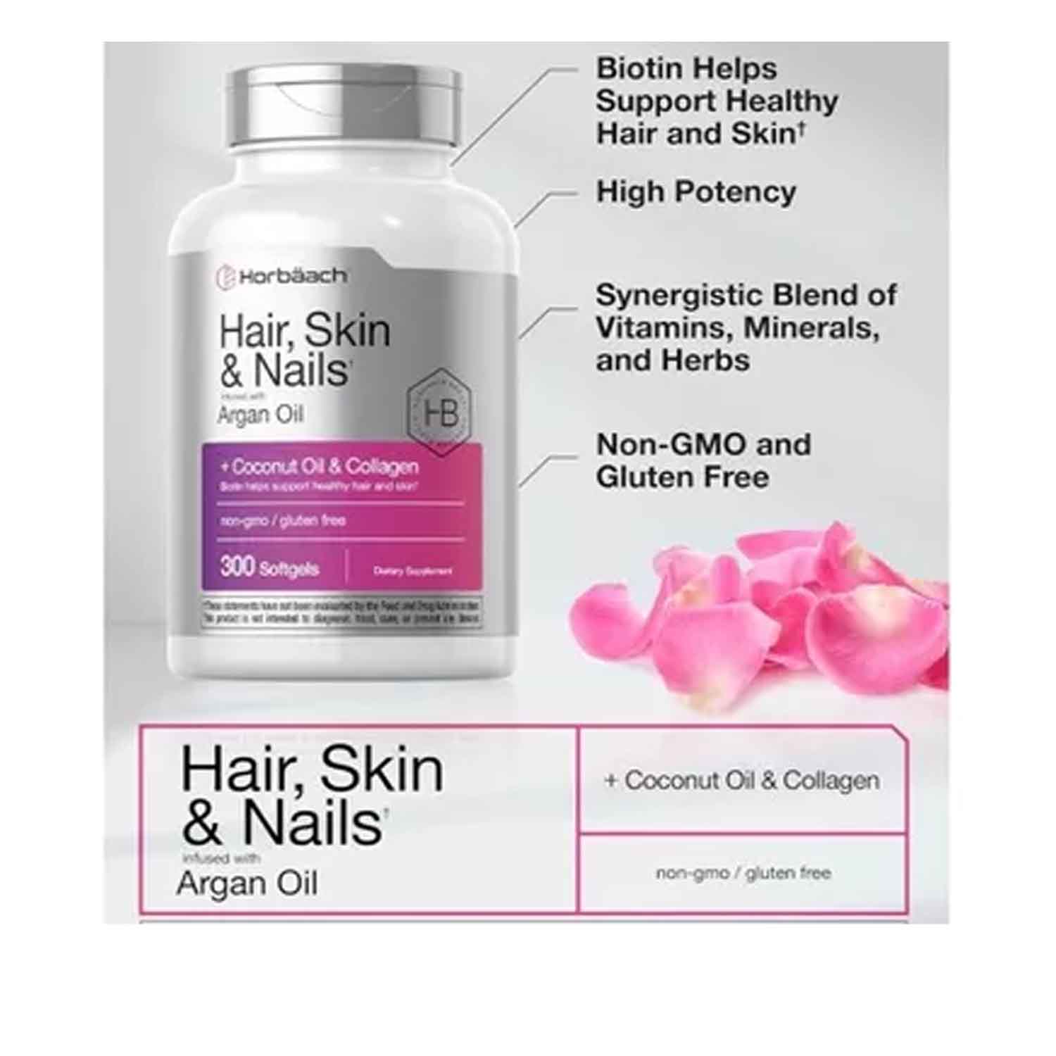 Biotina Colageno Horbäach  + Aceite de Coco para Cabello, Piel y Uñas 300 softgels 