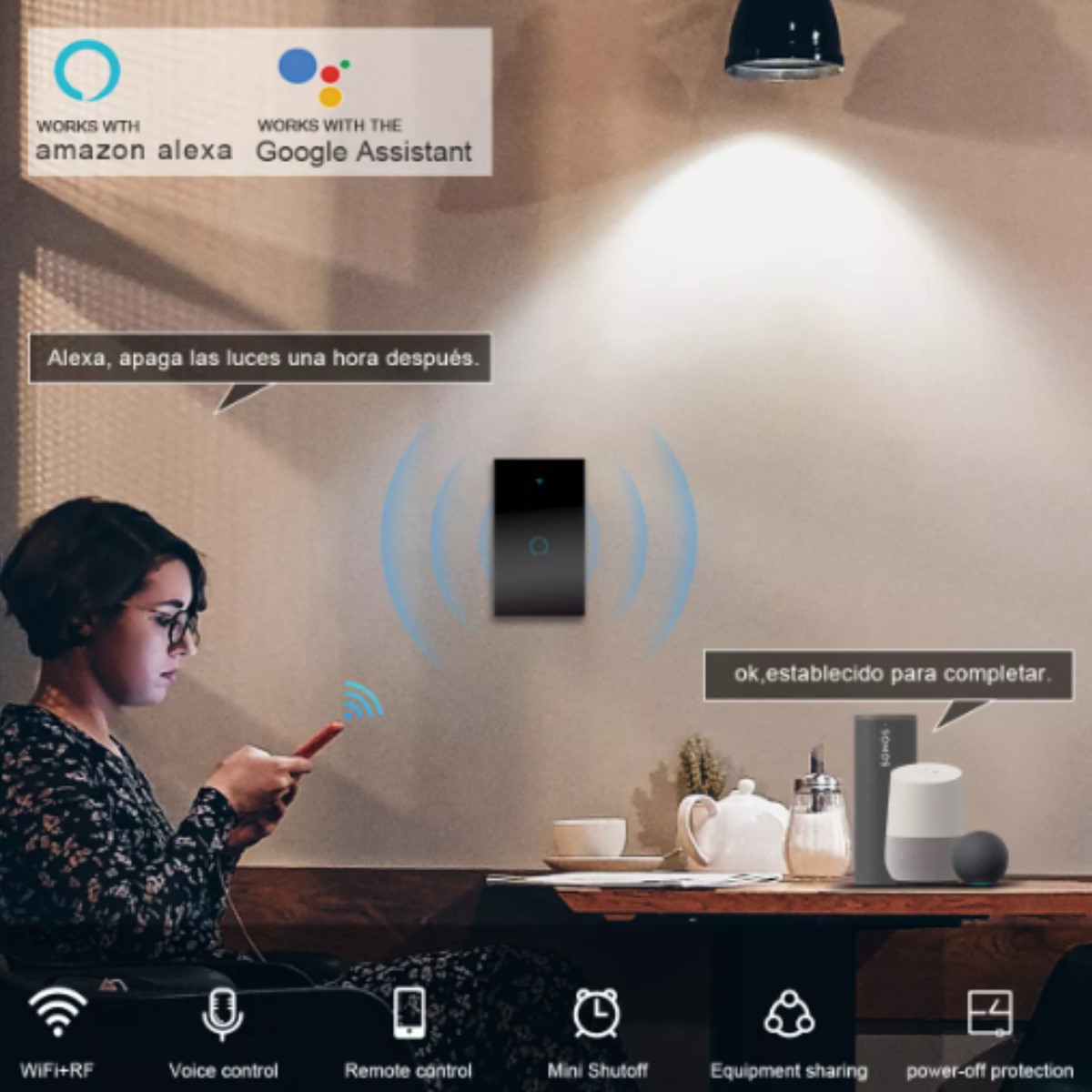 Interruptor pared inalámbrico Control voz uno apagador luz LED táctil WiFi Alexa Google Home negro