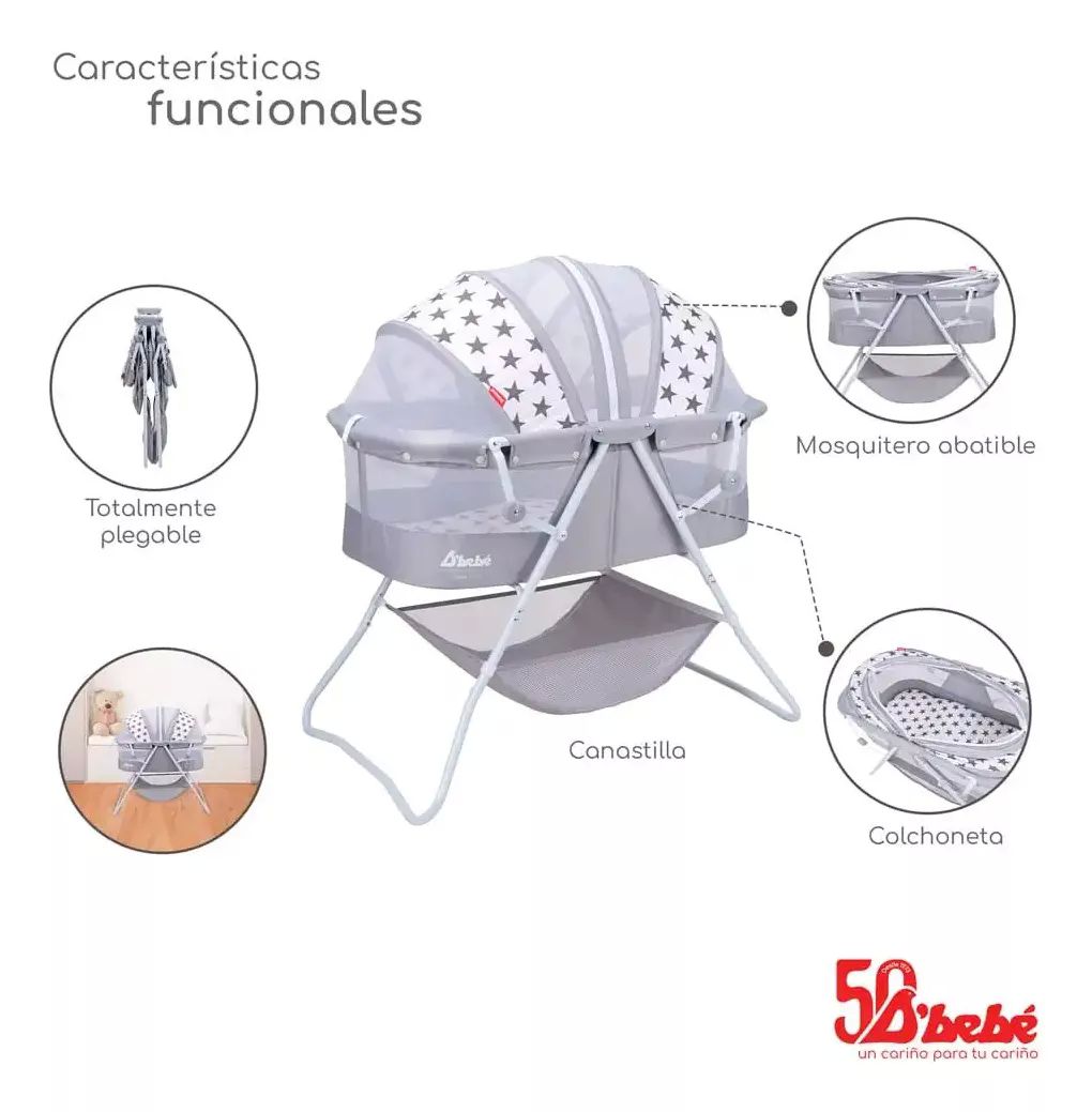 Cuna Moisés Bambineto Plegable Siesta Bebé Gris D'bebé