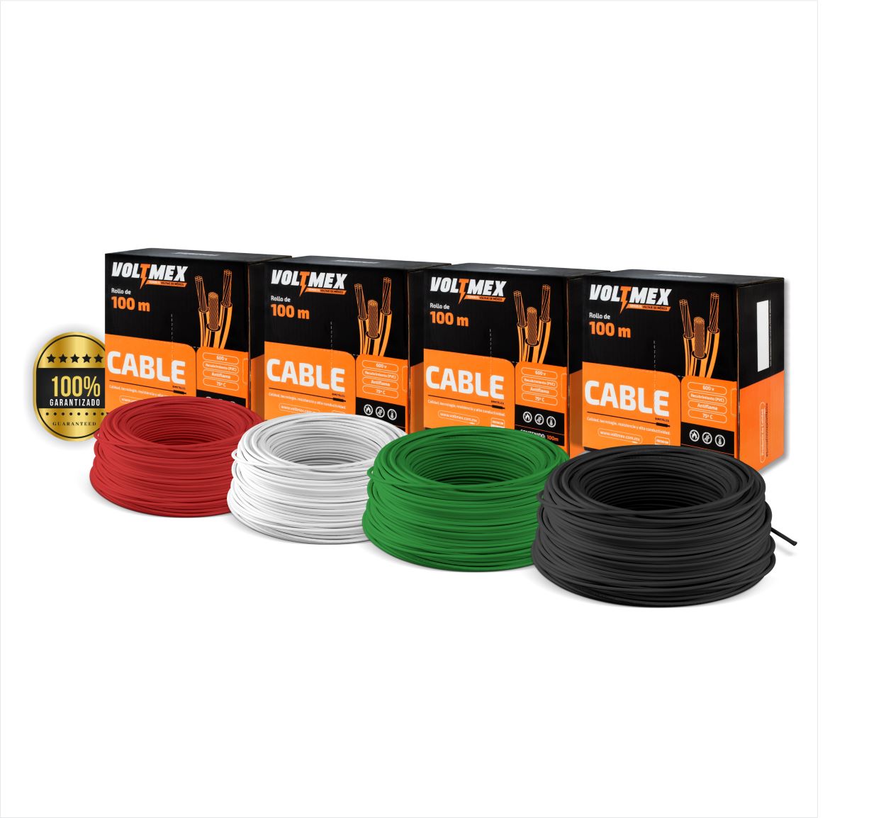 Paquete 4 Rollos Cable Eléctrico Voltmex Calibre 12 Negro, Blanco, Rojo y Verde 100 metros