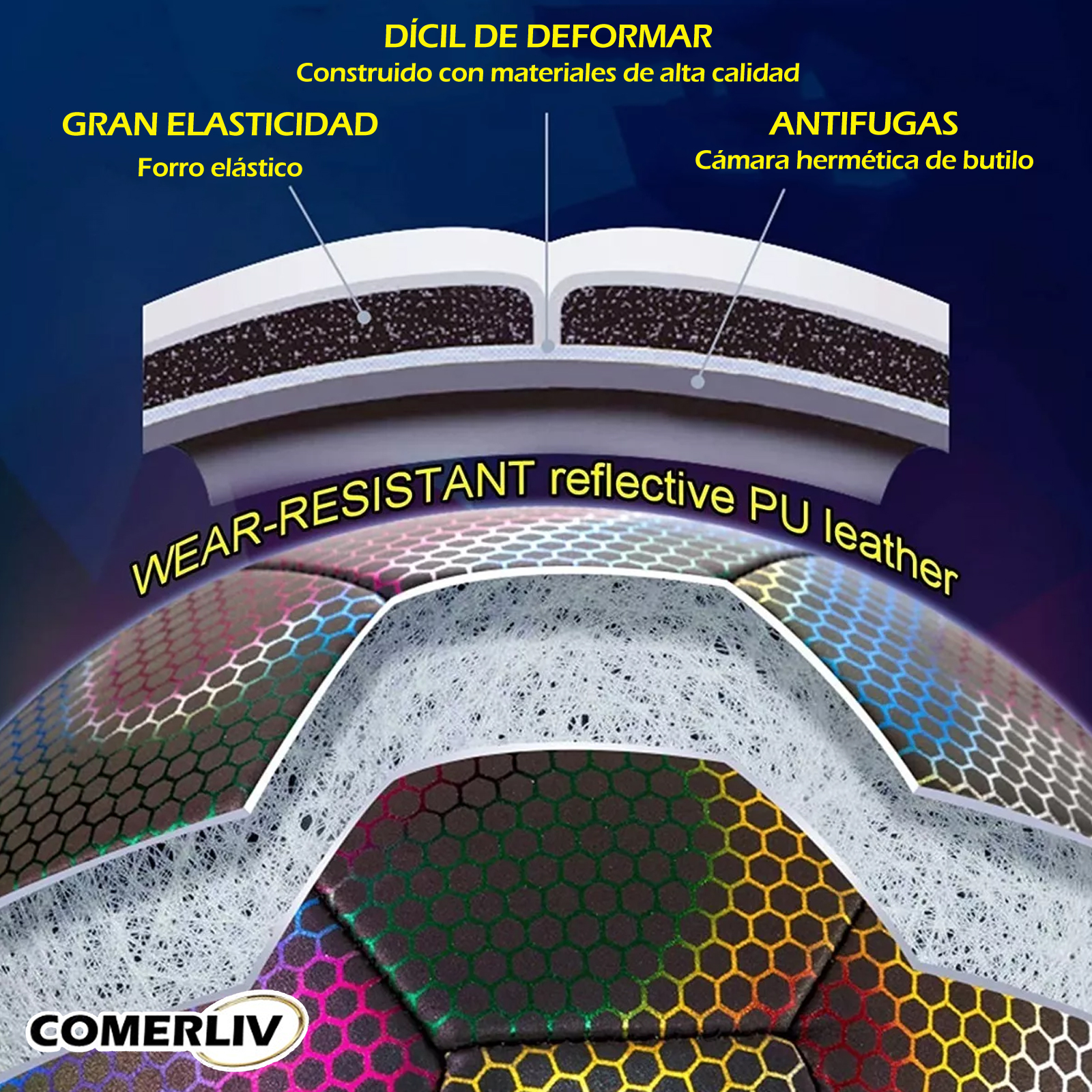 Balón de Fútbol Soccer Reflectante Luminoso Brillante Efecto Tornasol Multicolor No. 5