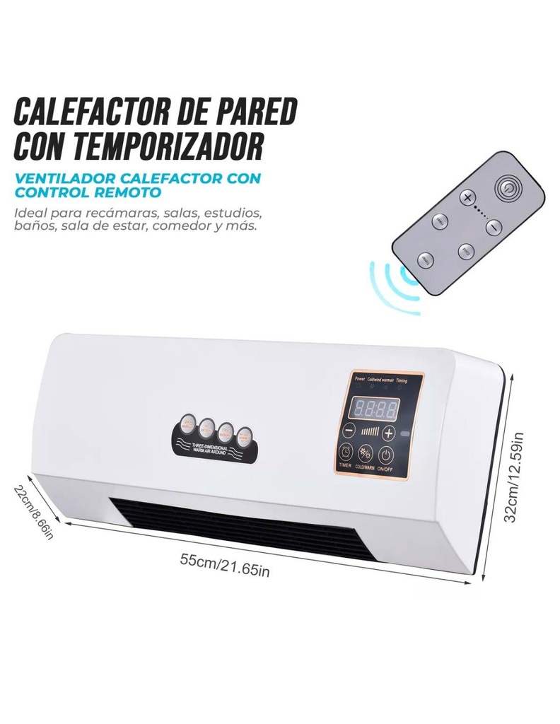 Ventilador con Calefactor de Pared Con Control Remoto y temporizador de 1800 Watts-EL-41458