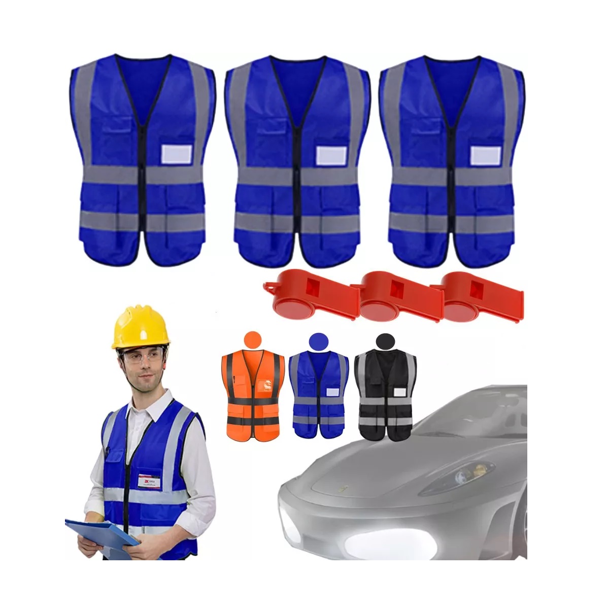 Set 3 Chalecos De Seguridad Reflejantes Vial/industri+3 Silbidos Azul Real
