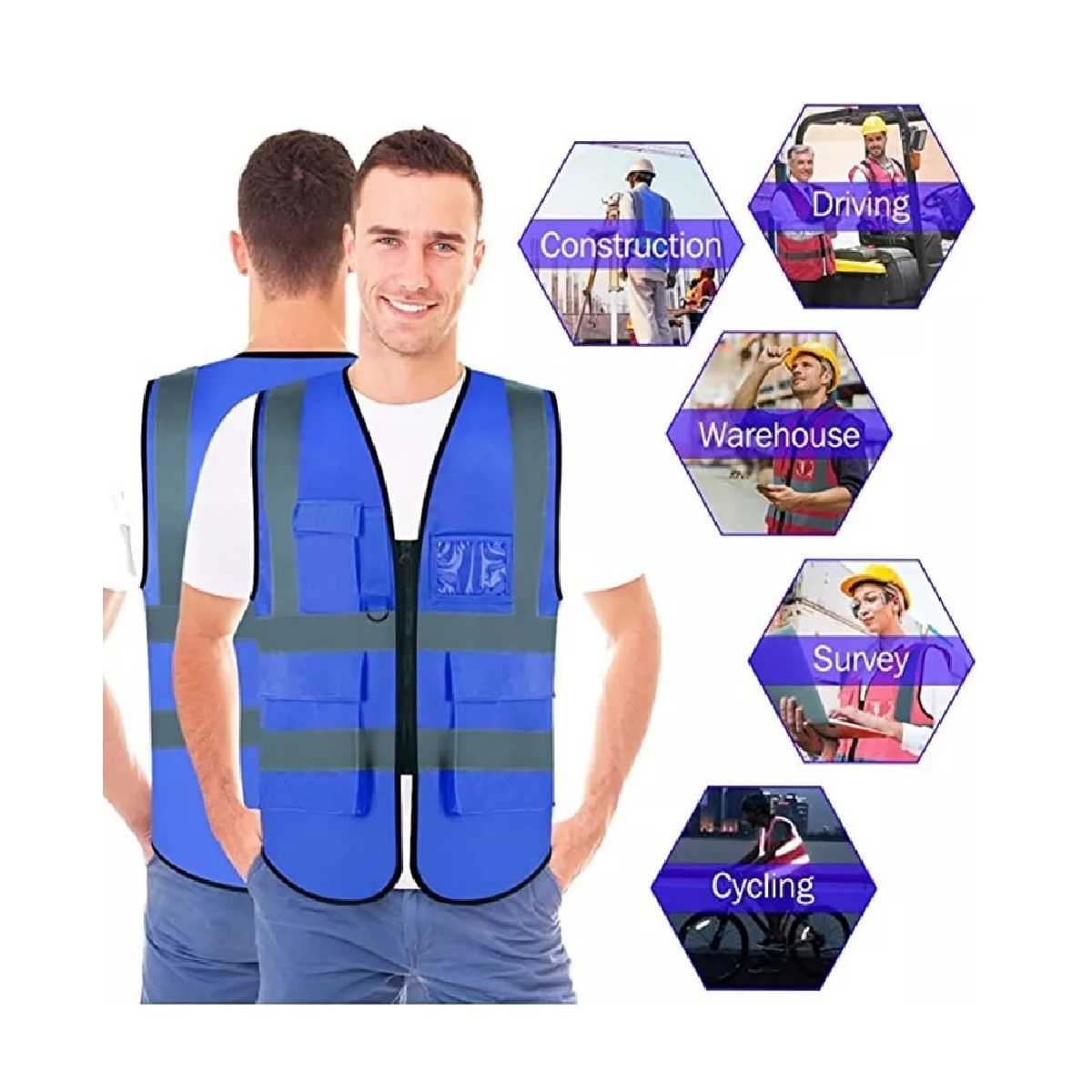 Set 3 Chalecos De Seguridad Reflejantes Vial/industri+3 Silbidos Azul Real