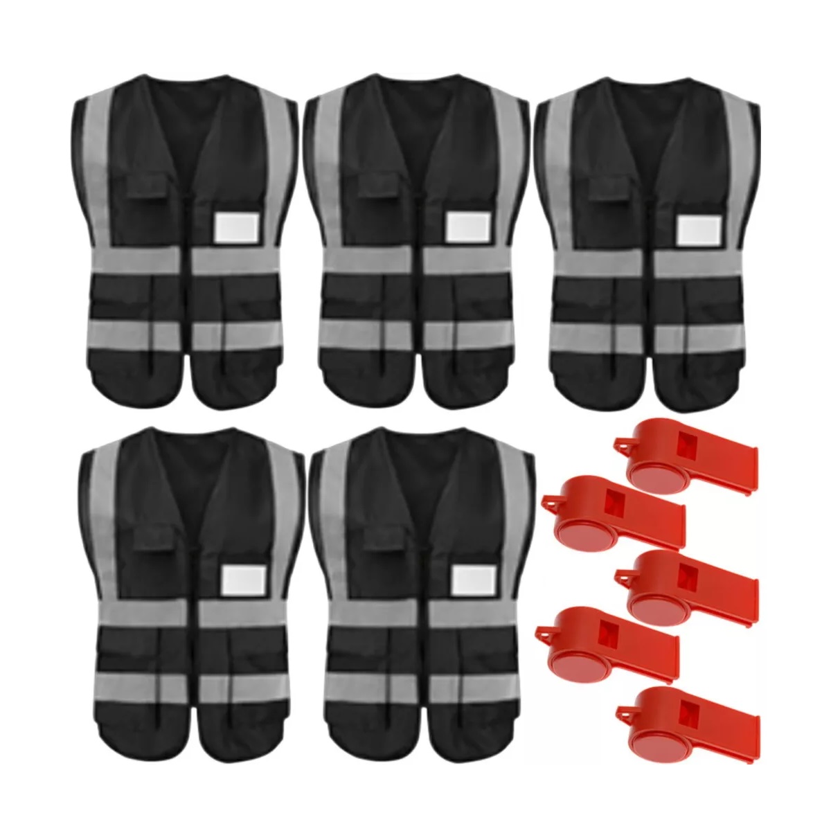 Kit 5 Chaleco Seguridad De Reflejantes Vial/industri+5 Silbidos Negro