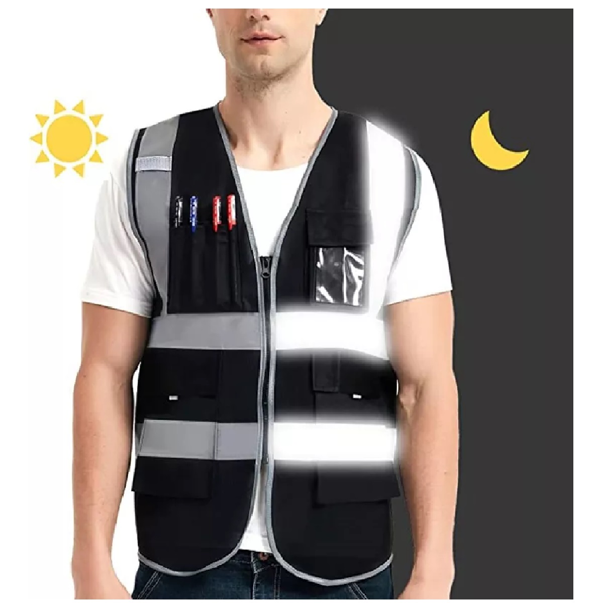 Kit 5 Chaleco Seguridad De Reflejantes Vial/industri+5 Silbidos Negro