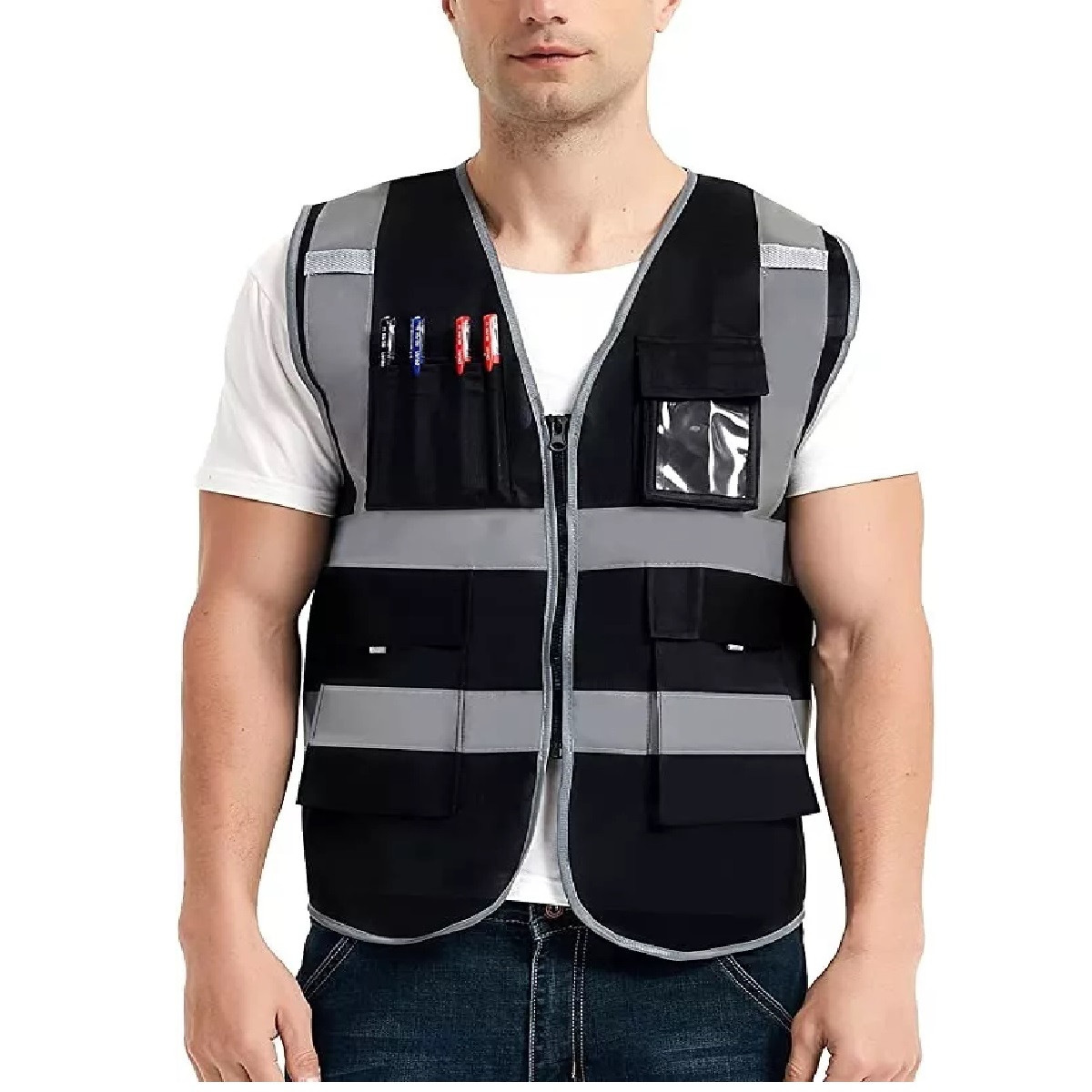 Kit 5 Chaleco Seguridad De Reflejantes Vial/industri+5 Silbidos Negro