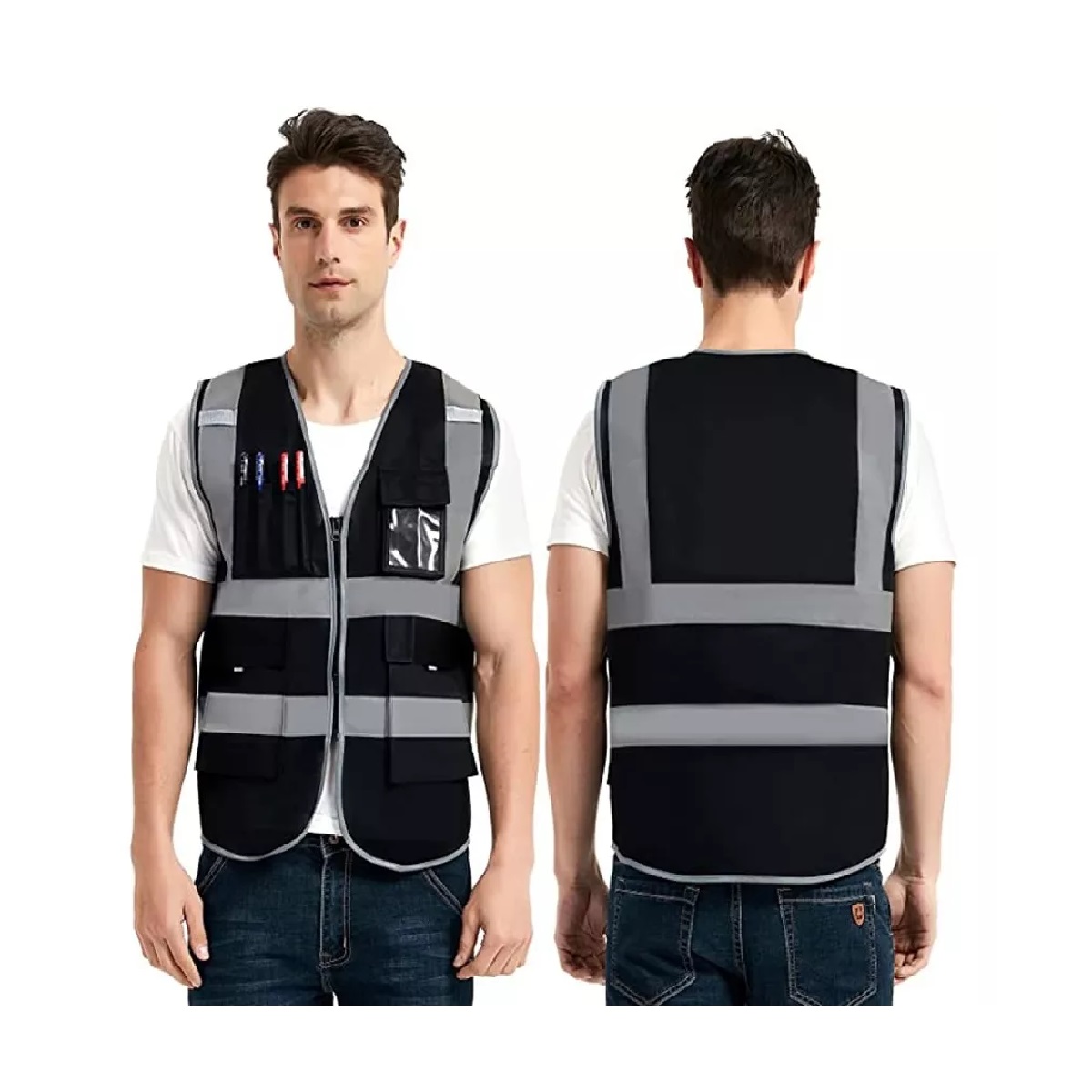 Kit 5 Chaleco Seguridad De Reflejantes Vial/industri+5 Silbidos Negro