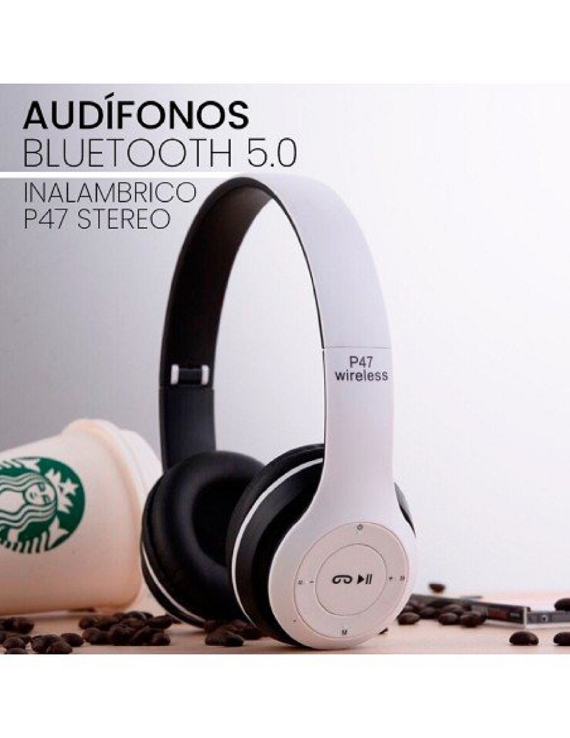 Audífonos inalámbricos P47 - Bluetooth 5.0 + Manos Libres + Radio Color: Blanco-AU-41925.