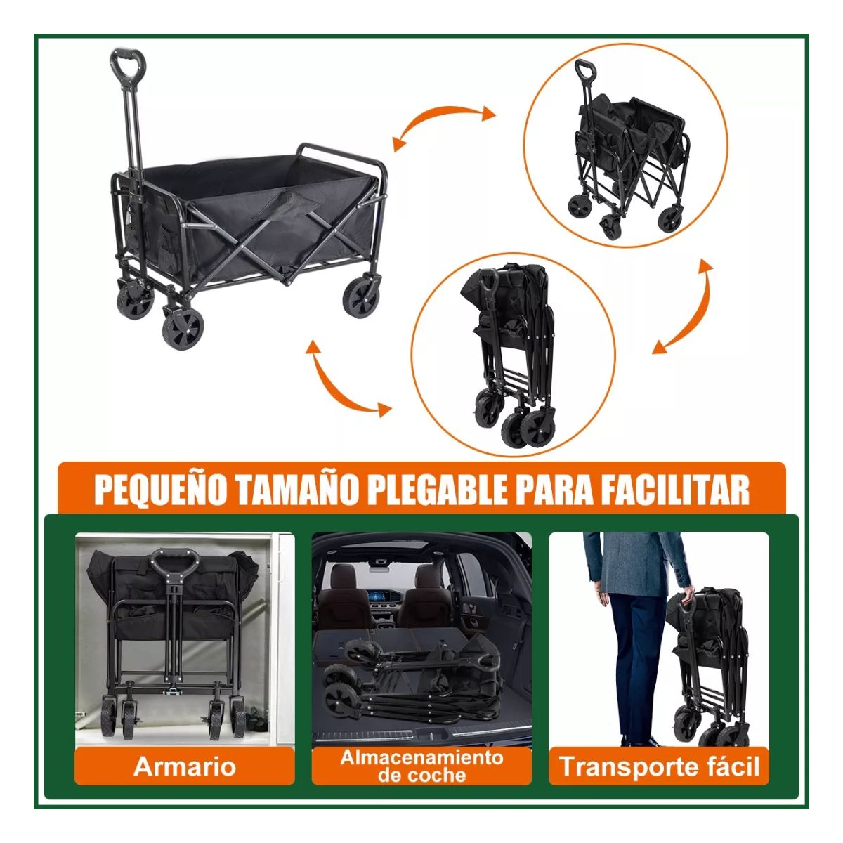 Carrito Vagón Plegable Multiusos Con Manija Para Acampar negro