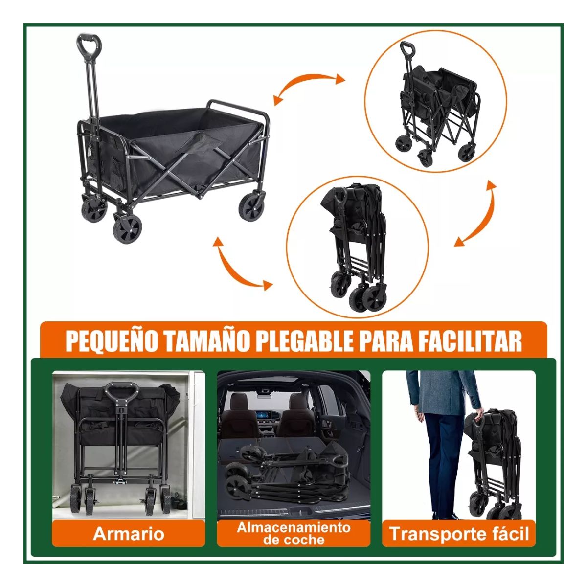 Carrito Vagón Plegable Multiusos Con Manija Para Acampar Negro 6069