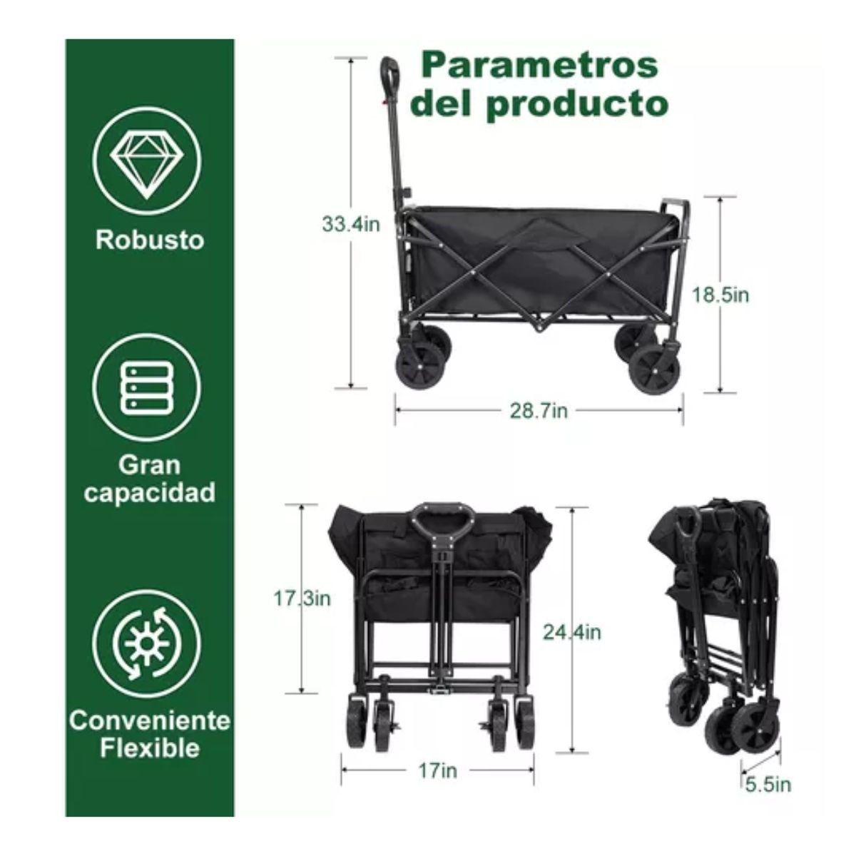Carrito Vagón Plegable Multiusos Con Manija Para Acampar negro