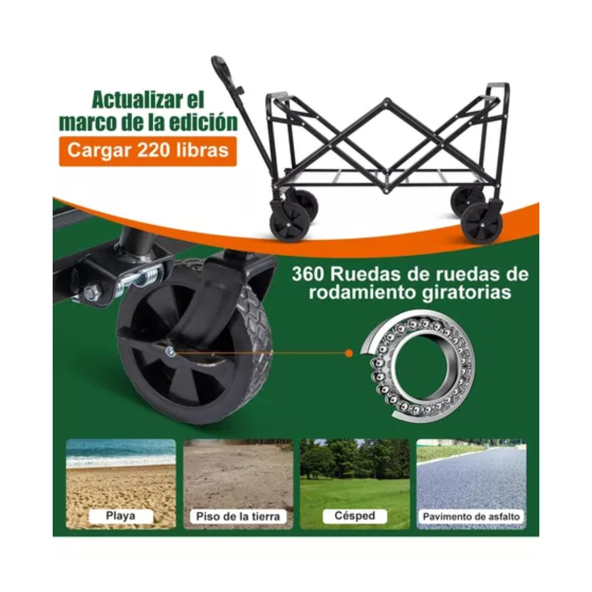 Carrito Vagón Plegable Multiusos Con Manija Para Acampar negro