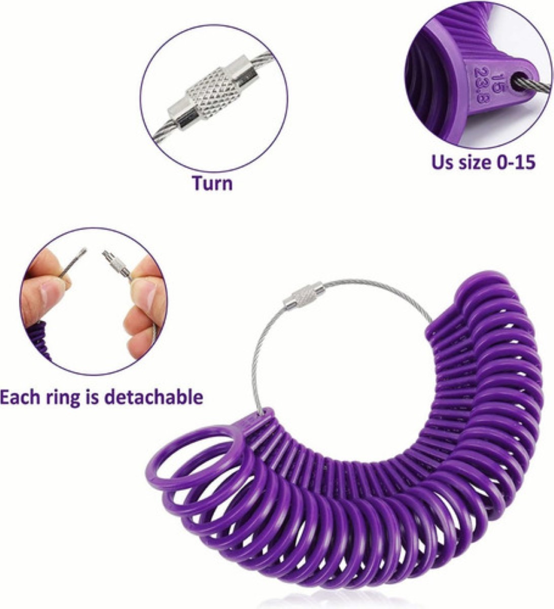 Juego De Medidor De Anillos Y Anillero De Plástico, 3 Piezas Púrpura