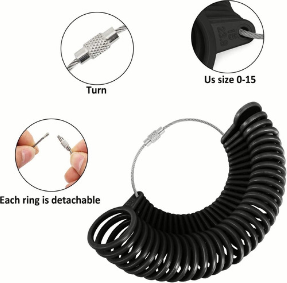 Juego De Medidor De Anillos Y Anillero De Plástico, 3 Piezas NEGRO