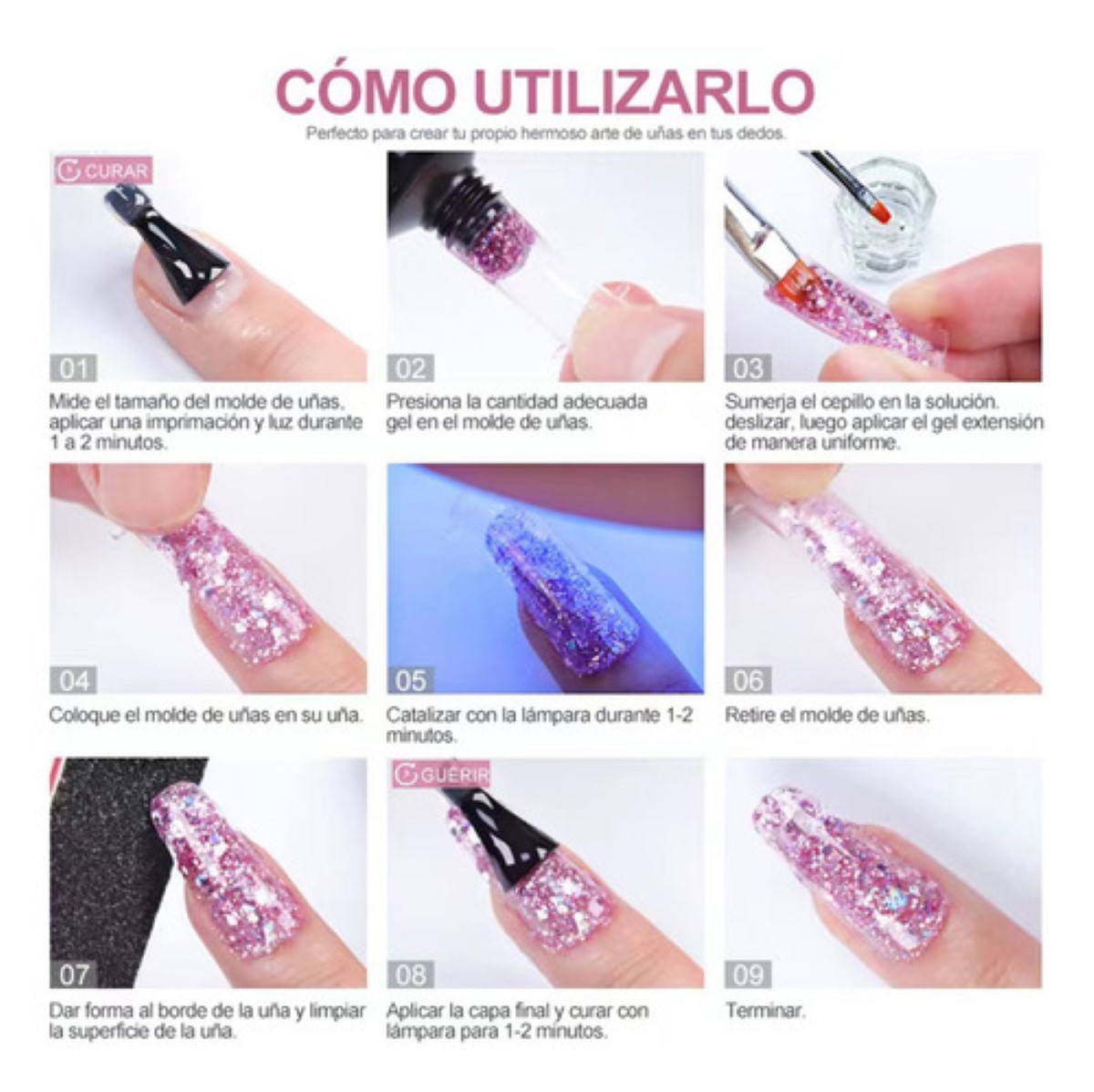 Kit Uñas Polygel 15mlx6 Gel Base Top Slip Solución Tipsx20