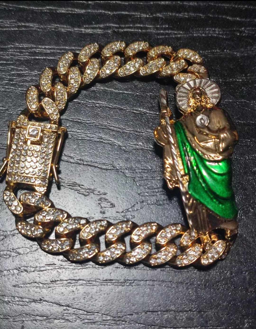 Pulsera/esclava San Judas Tadeo, oro laminado 18 kilates, cadena cubana