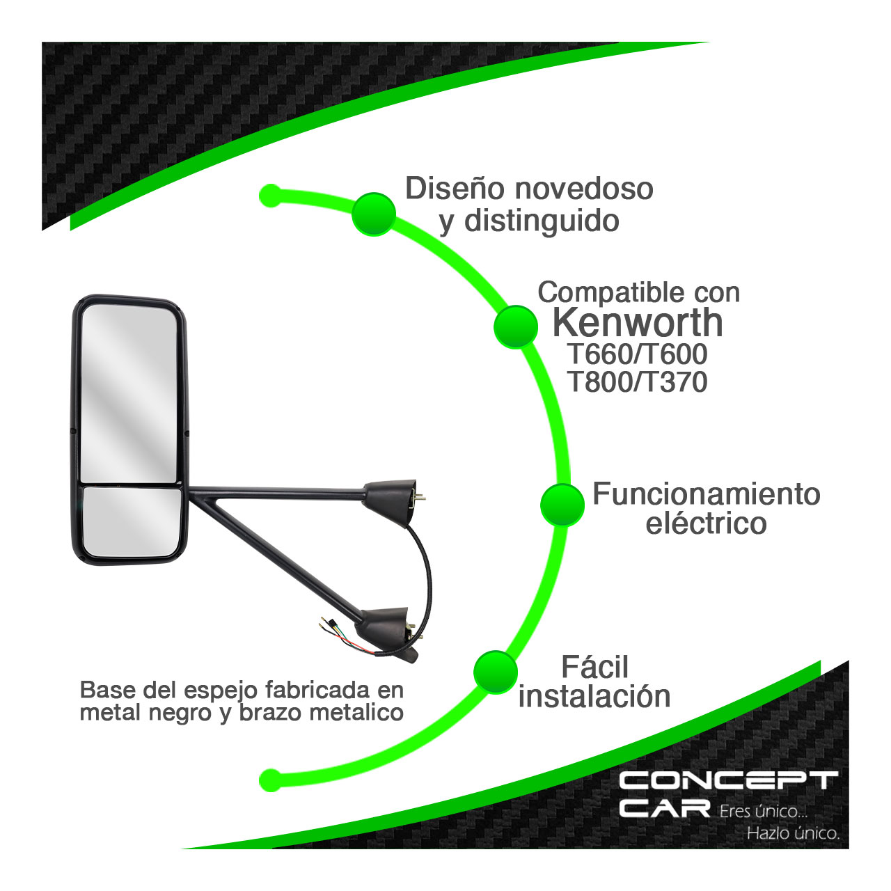 Espejo Lateral Kenworth T660 T600 T800 T370 Negro Electrico