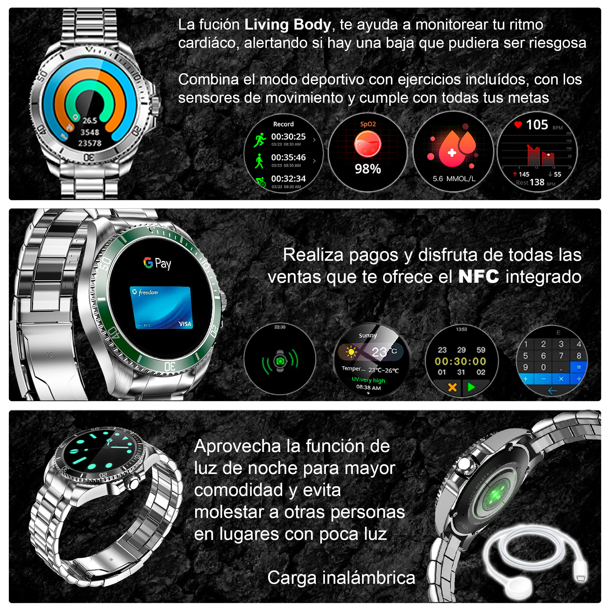 Reloj Smartwatch VAK C1 ACERO SUBMARINE NFC CRISTAL 3D