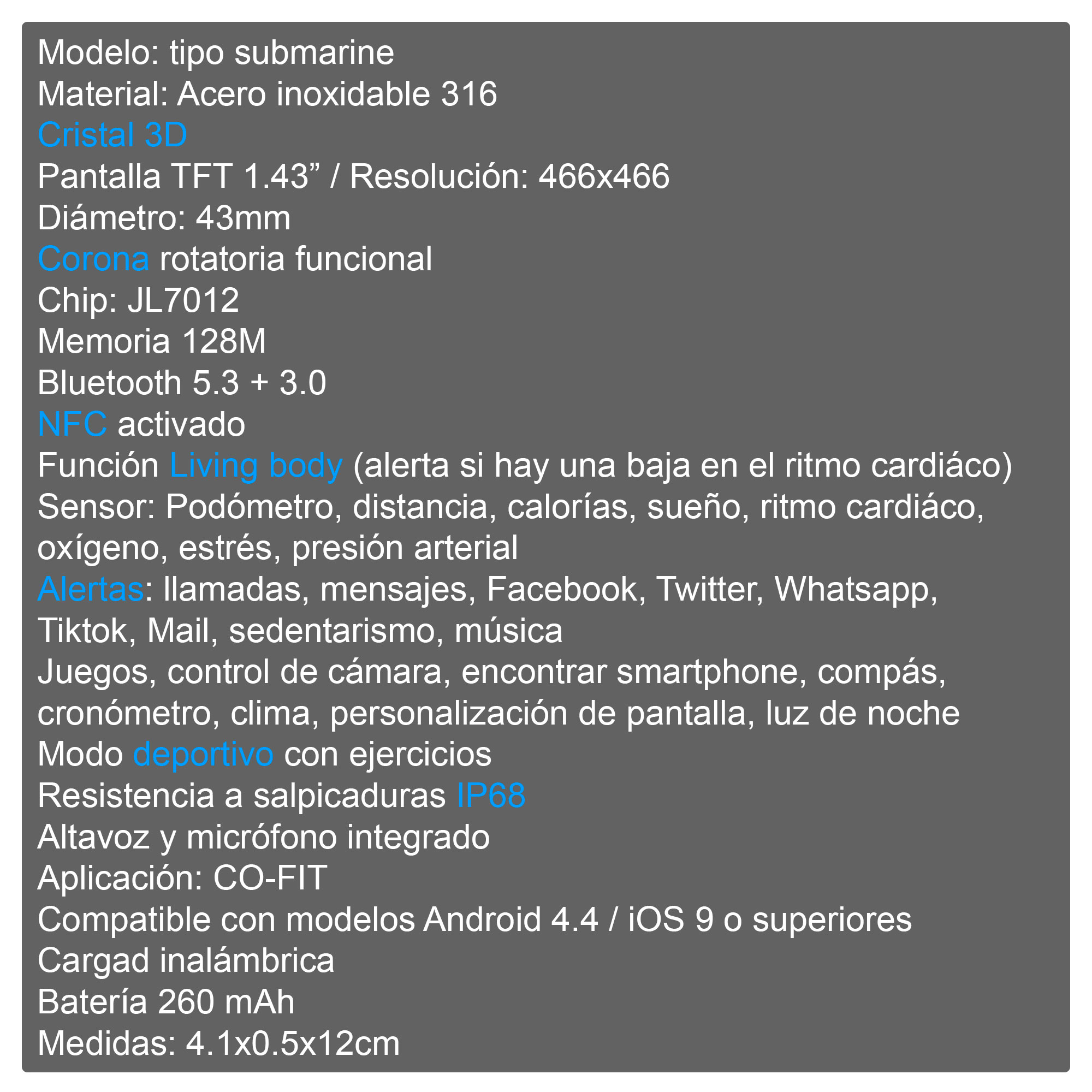 Reloj Smartwatch VAK C1 ACERO SUBMARINE NFC CRISTAL 3D