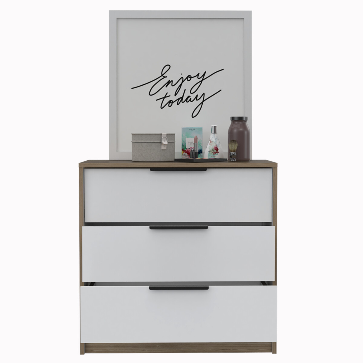 COMODA ARMABLE 3 CAJONES MODELO KAIA  COLOR MIEL CON BLANCO