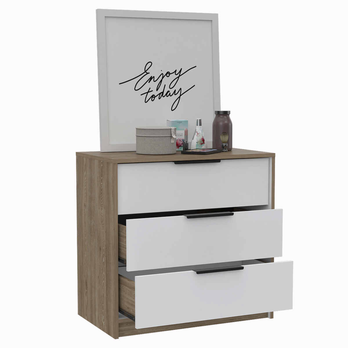 COMODA ARMABLE 3 CAJONES MODELO KAIA  COLOR MIEL CON BLANCO