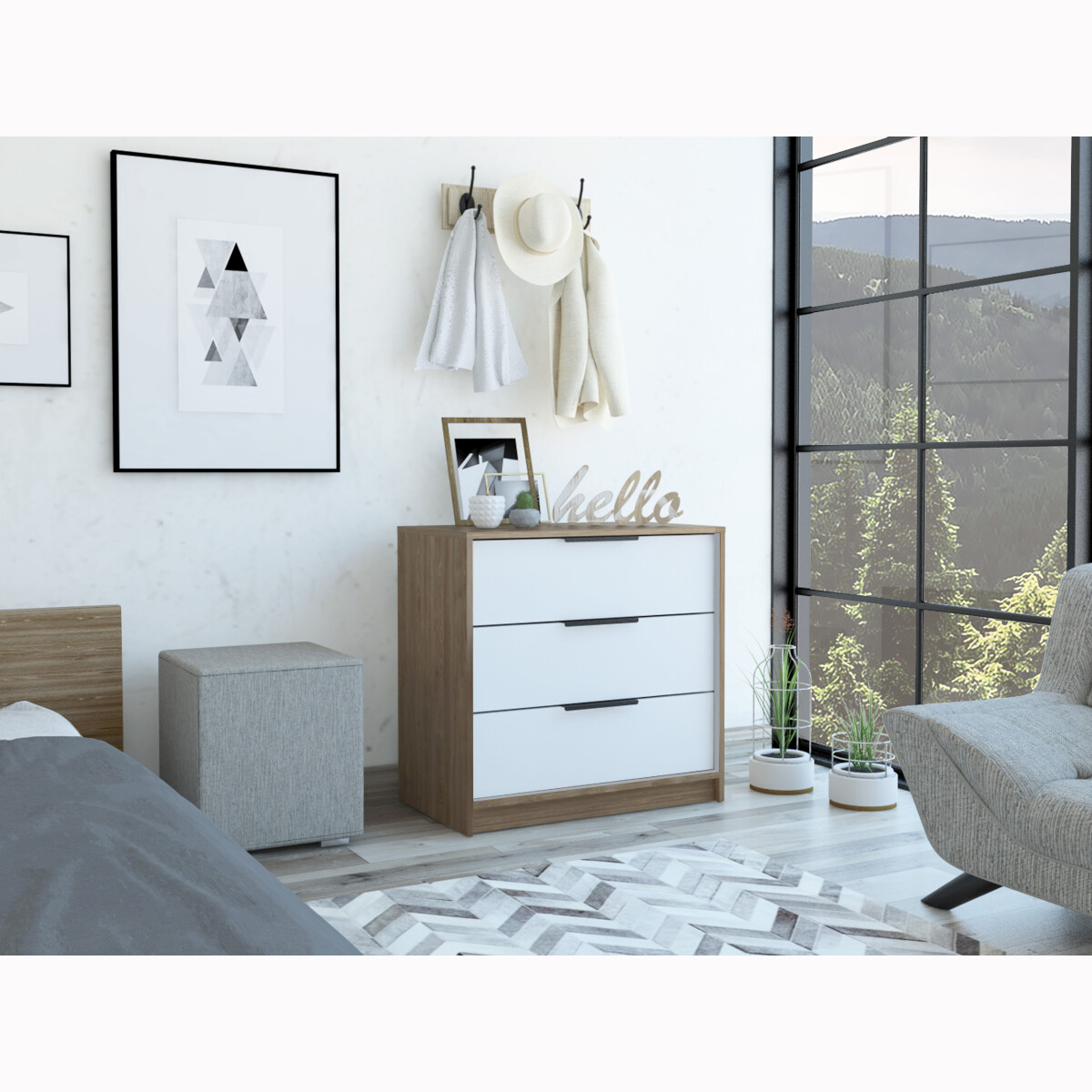 COMODA ARMABLE 3 CAJONES MODELO KAIA  COLOR MIEL CON BLANCO