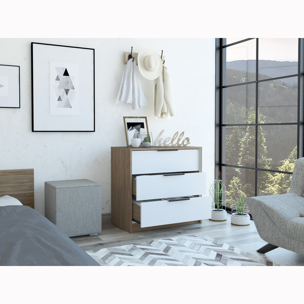 COMODA ARMABLE 3 CAJONES MODELO KAIA  COLOR MIEL CON BLANCO