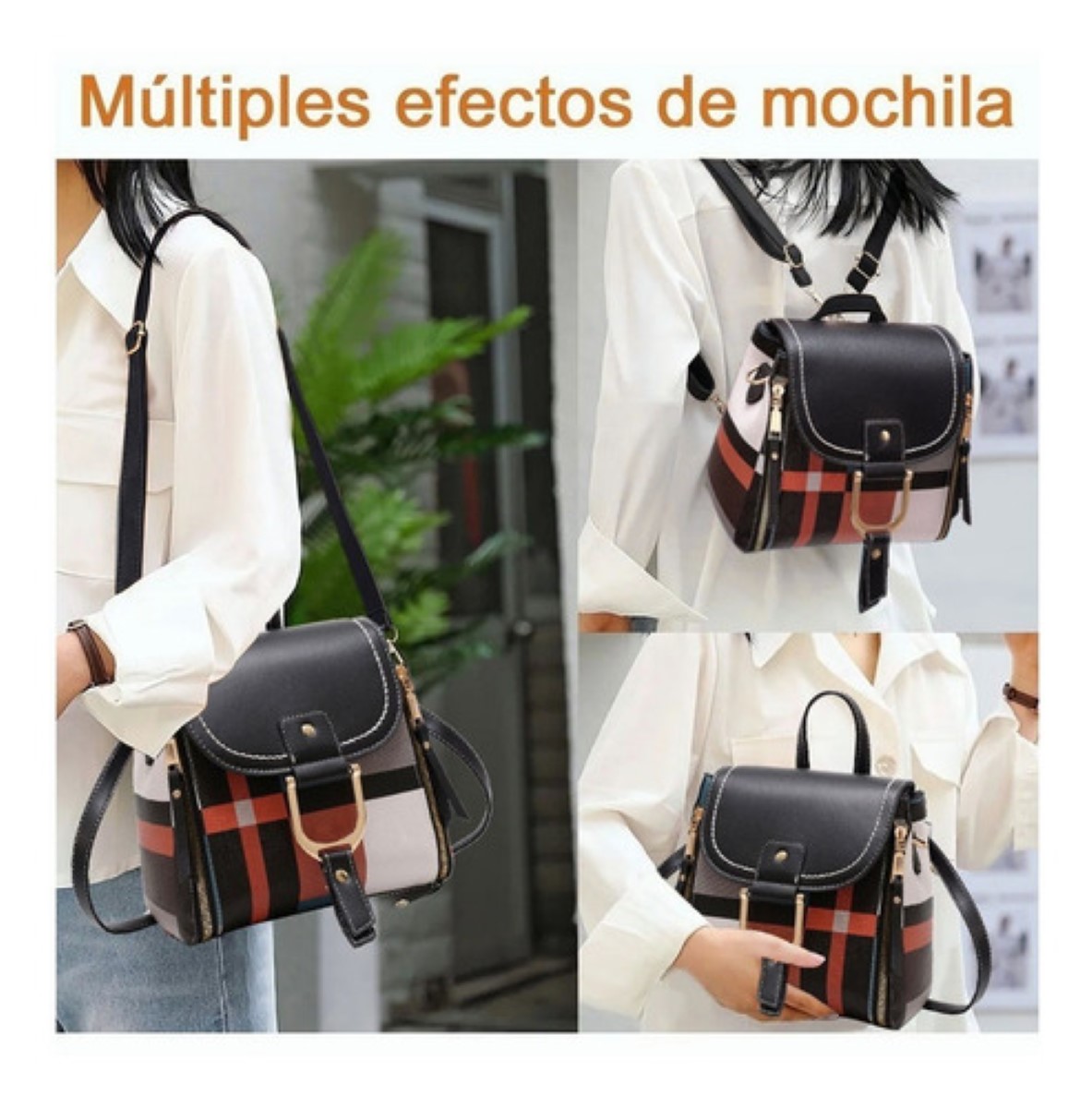 Mochila Bolso Bandolera Mujer A Cuadros Patchwork Crossbody negro