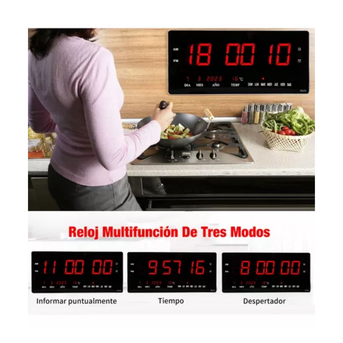 Reloj Digital De Pared Led Electronic Con 8 Alarmas 48 Cm negro