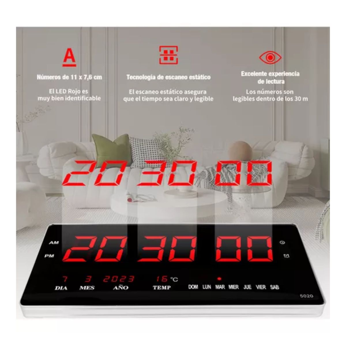 Reloj Digital De Pared Led Electronic Con 8 Alarmas 48 Cm negro