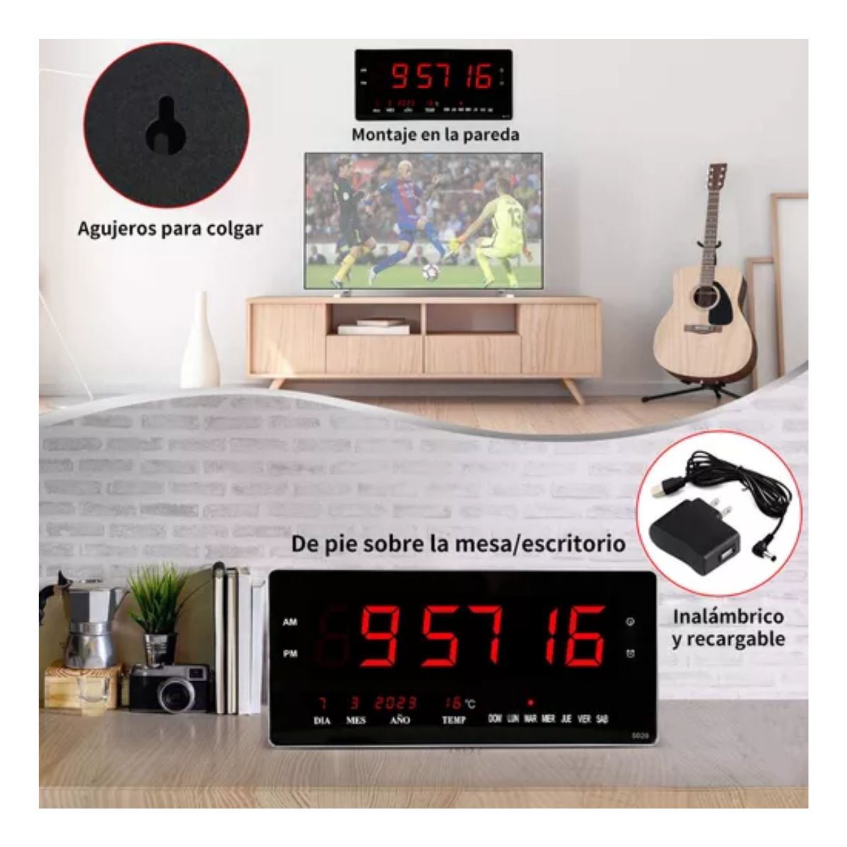 Reloj Digital De Pared Led Electronic Con 8 Alarmas 48 Cm negro