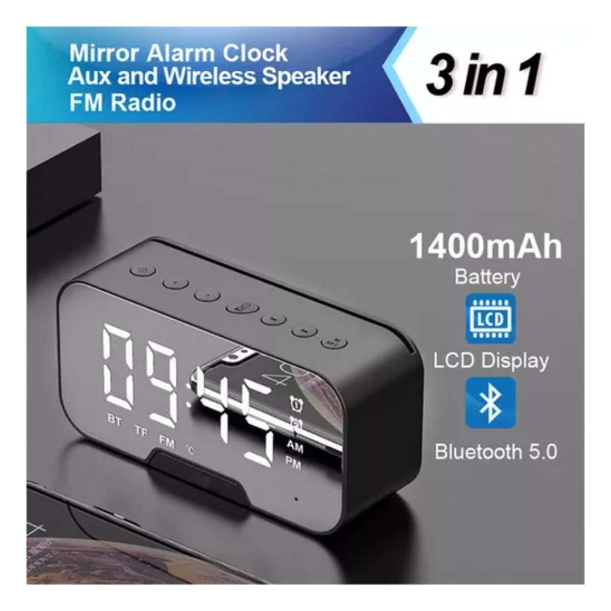 Reloj Despertador Digital Led Con Bocina Bluetooth Y Radiofm negro