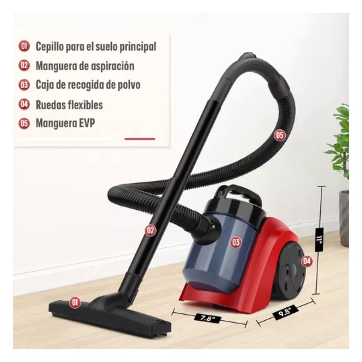 Aspiradora Potente Canister De Cilindro Para Casa, 17kpa NEGRO/ROJO