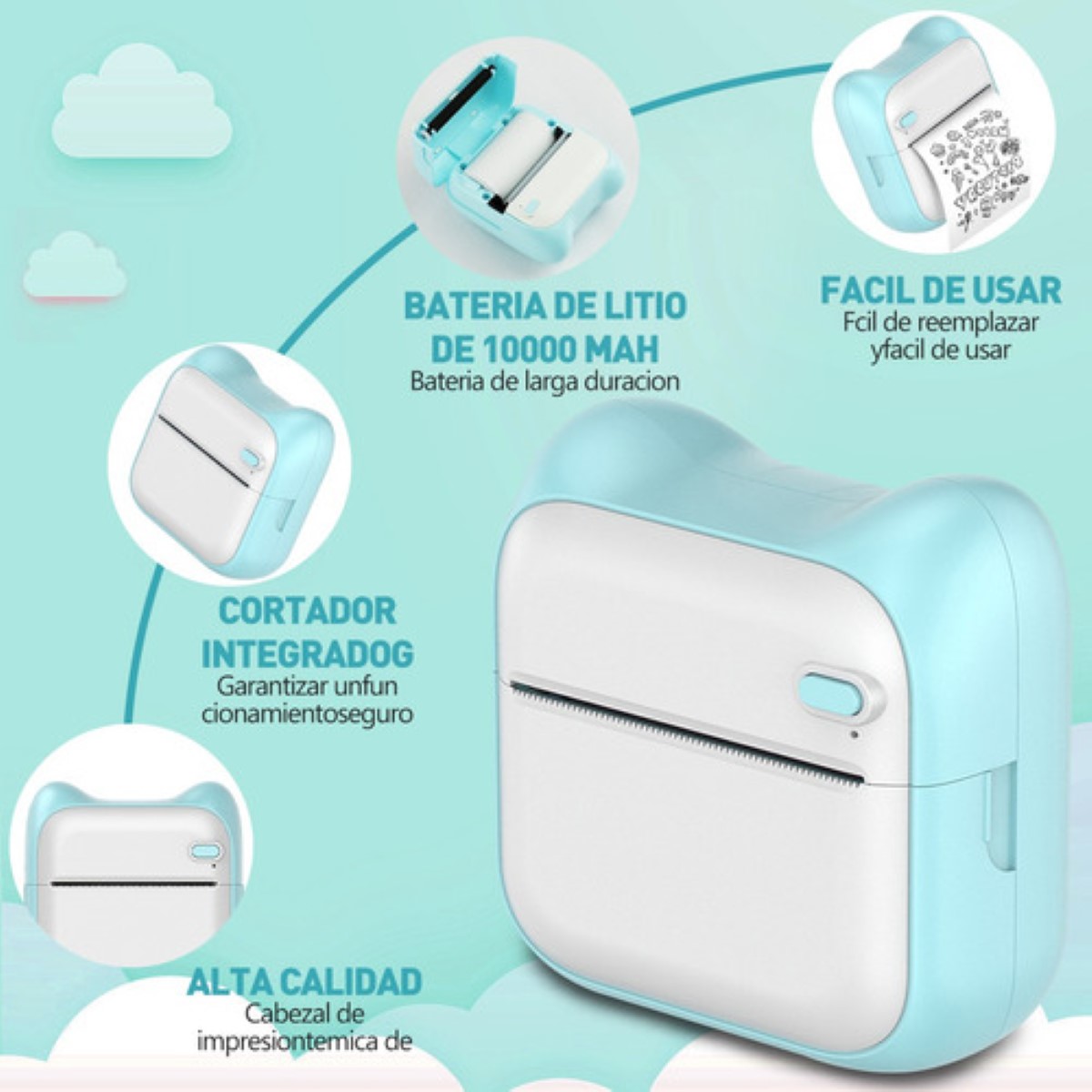 Mini Impresora Termica Impresora Portatil Bluetooth Universa blanco/azul